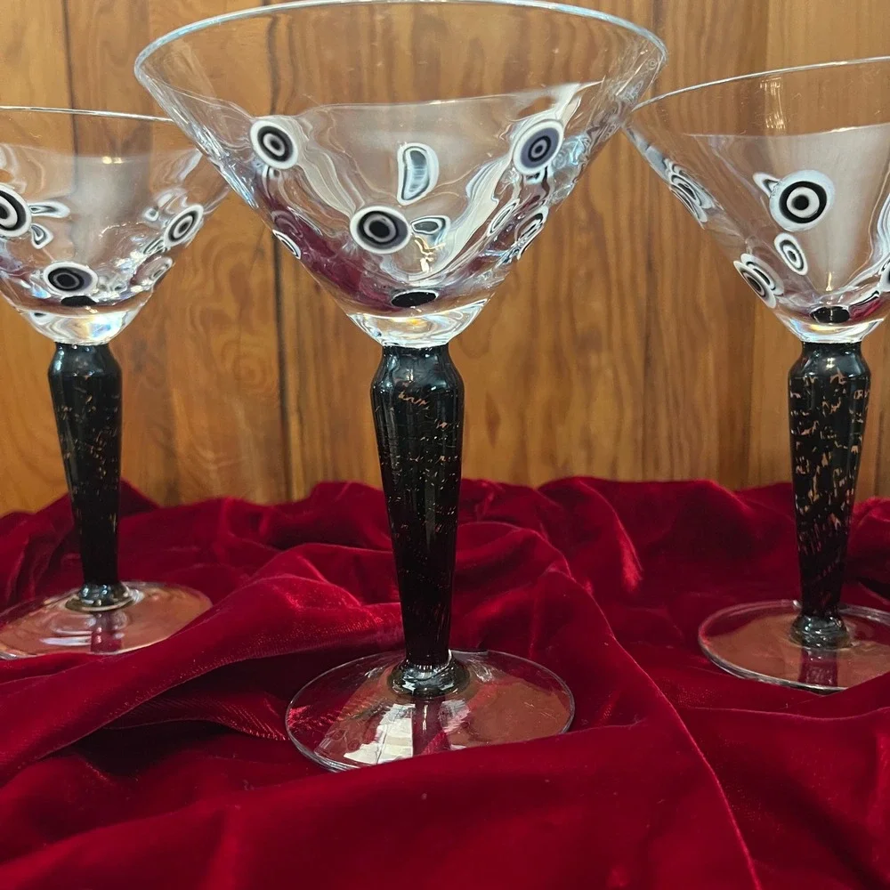 Murano Millefiori Hand Blown Martini Glasses Black White Murrine‎ Stem